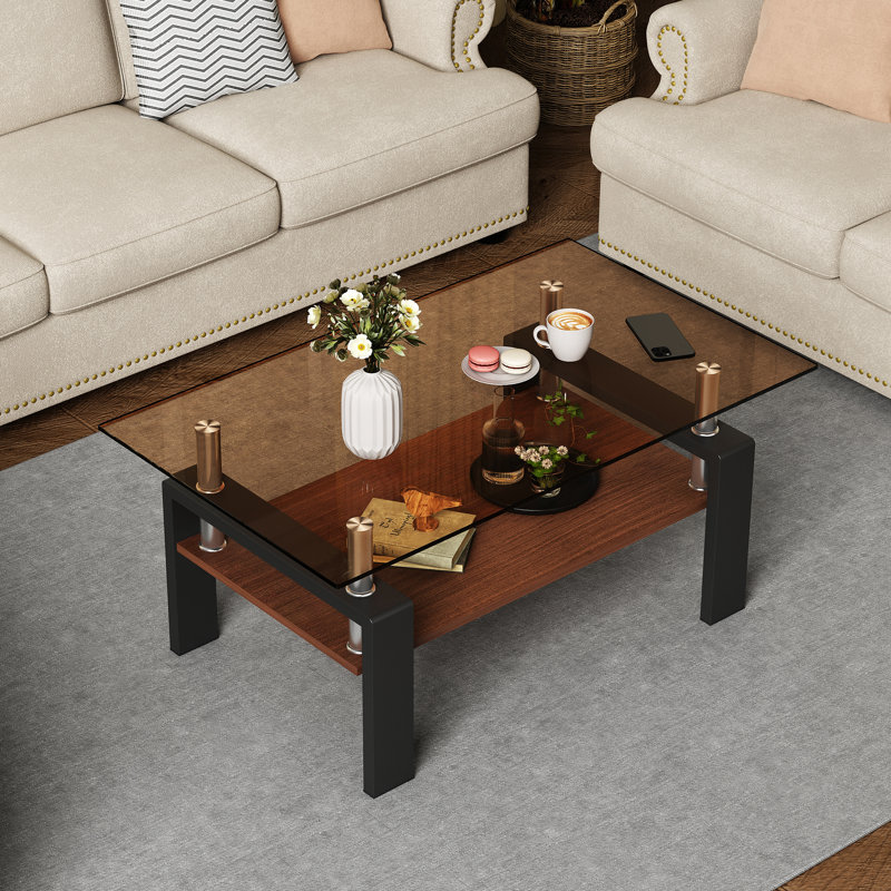 Fraiya Rectangle Coffee Table with Tempered Glass & MDF Storage Shelf, Modern Living Room or Office Center Table, Brown