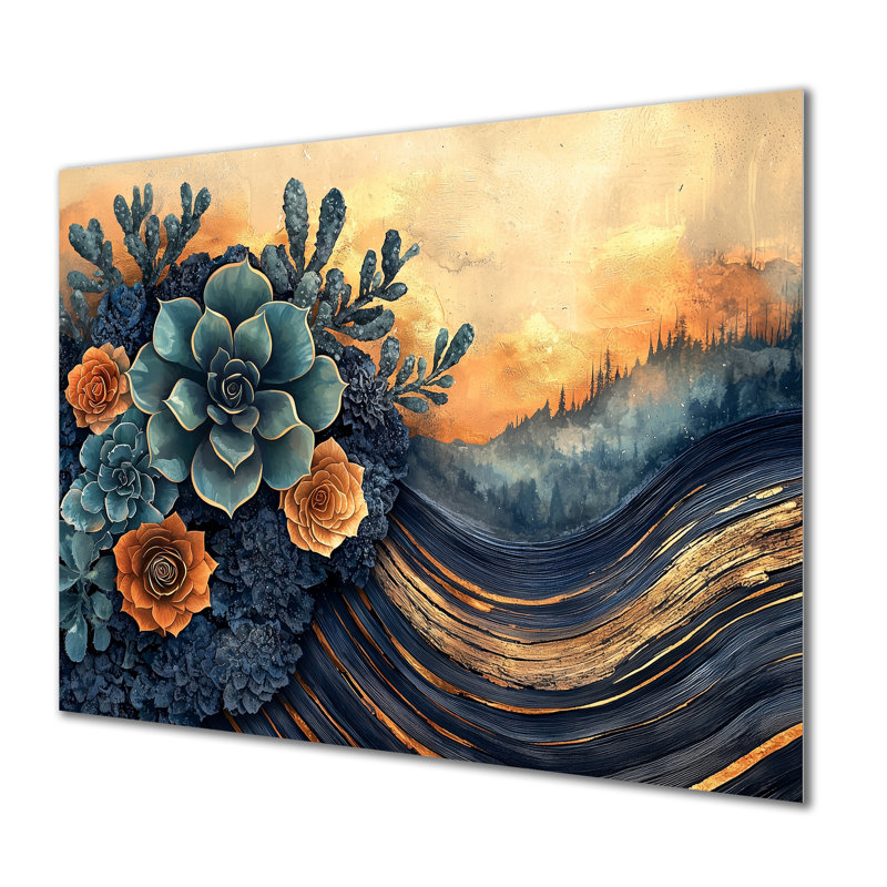 Fleurs en bois succulentes dans la rivière, paysage I - art mural en métal succulent, H 12 po x l 20 po