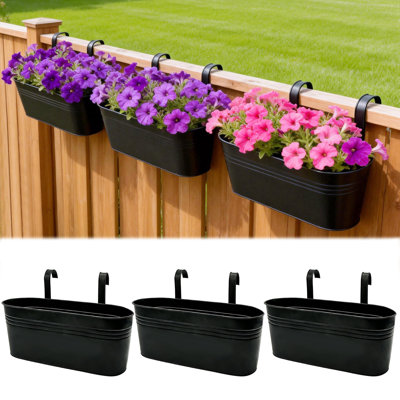 Metal Railing Planter Boxes 16.14 Inch, 3-Pack Adjustable Hanging Flower Pots，Black