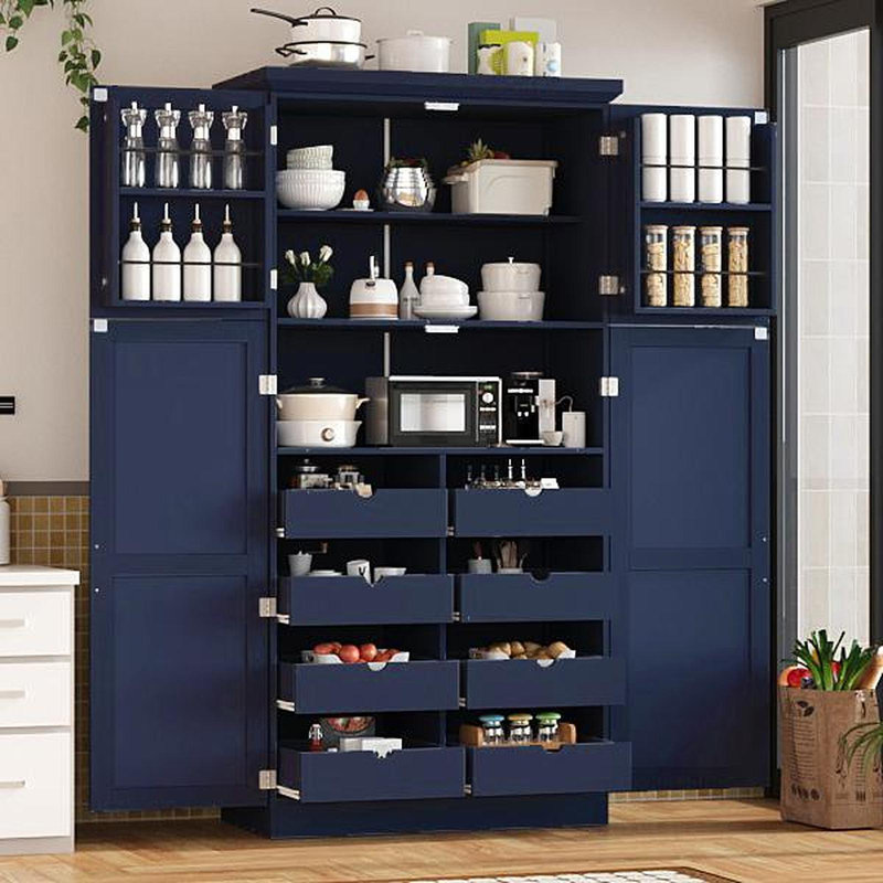 Armoire de cuisine autoportante 35,5 x 17,6 x 70,9 pouces, grande armoire de rangement avec 4 portes, 2 tablettes de porte, 8 plateaux coulissants et tablette réglable pour la salle à manger, bleu