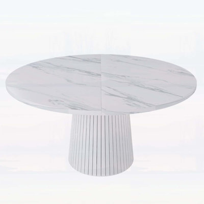 47 Inch Round MDF Dining Table for 4, Modern Farmhouse Kitchen Table with Wood Strip Base, Marble Veneer Circle Dinner Table