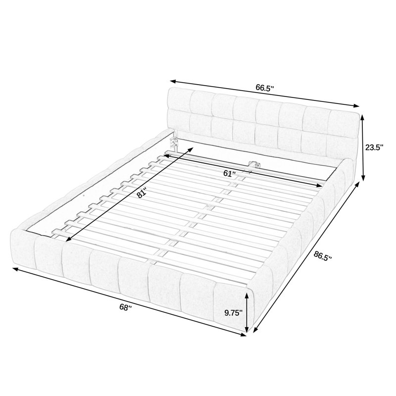Structure de lit en chenille beige avec base stable et tête de lit, sans sommier tapissier, structure stable pour chambre à coucher