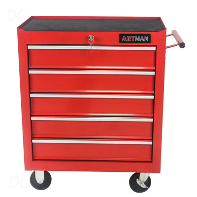 Coffre à outils à 5 tiroirs, armoire de rangement pour outils pour le garage avec 4 roues et système de verrouillage, rouge, buffet