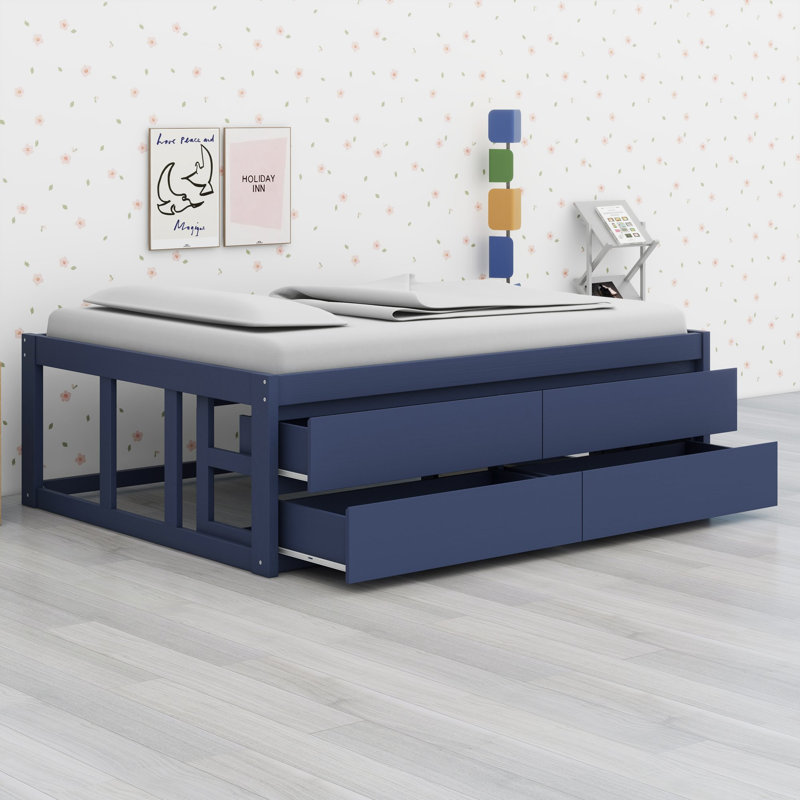 Platform bed with pull-out drawers features vertical panel detailing for modern farmhouse style, Double, Navy Blue