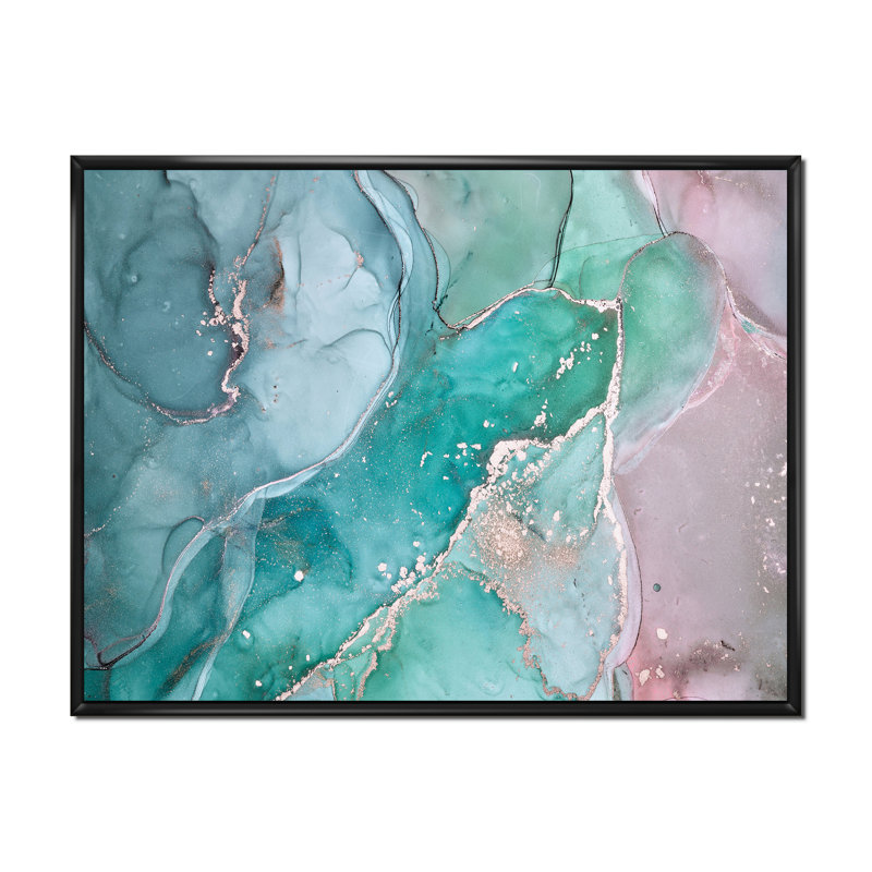 Marbre abstrait turquoise - peinture sur toile, H 12 po x l 20 po, Cadre flottant noir