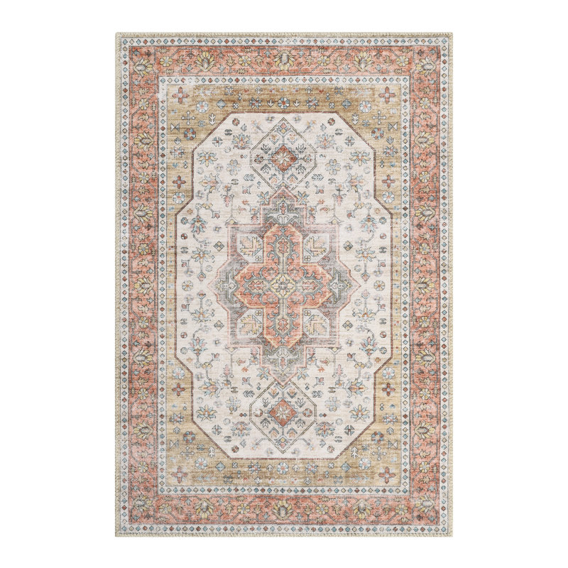 Washable Boho Floral Area Rug. Vintage Lattice Printed Low Pile Non Slip Foldable Indoor Carpet. Light Brown. 8'x10'