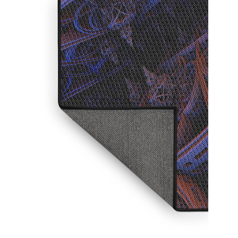 Tapis bleu/noir à motifs, Rectangle 5 pi x 7 pi