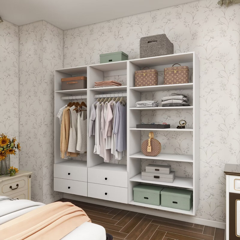 Système d'organisation modulaire blanc avec 2 tringles, 8 tablettes et 4 tiroirs