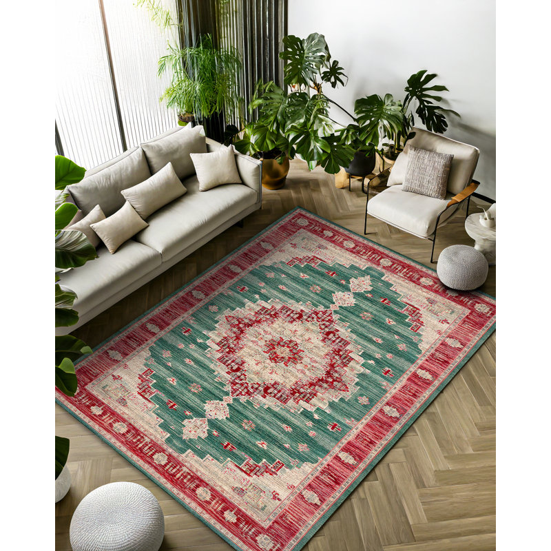 Girraj Burgundy Green Beige Oriental Machine Printed CGirrajn Polyester Area Rug, Runner 4' x 11'6"