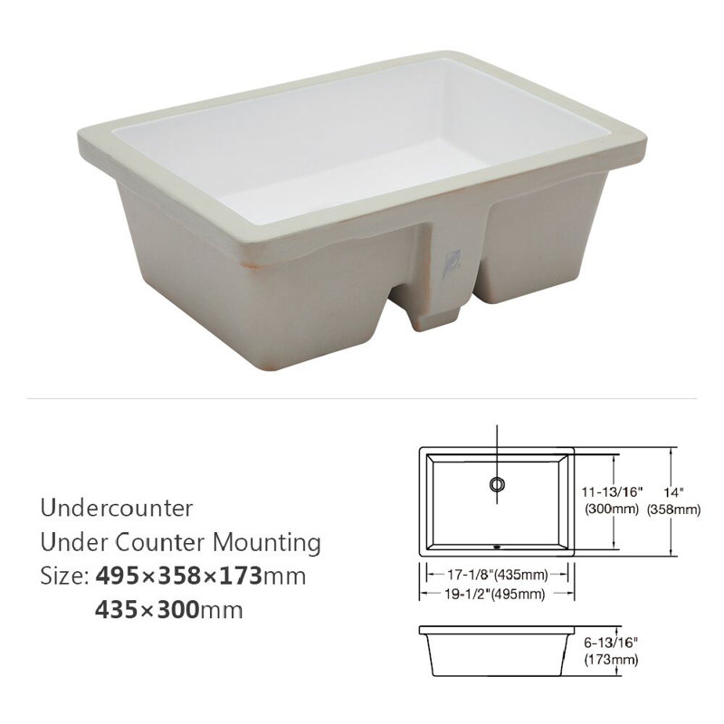19,5 po Lavabo de salle de bain rectangulaire encastré en porcelaine blanche avec trop-plein encastré