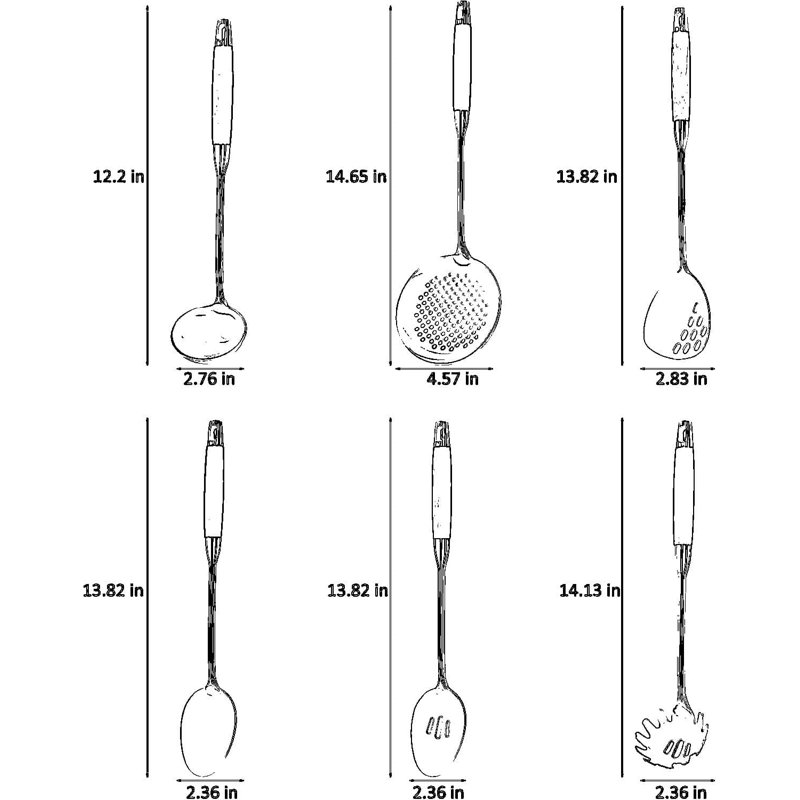 Ensemble d'ustensiles de cuisine 6 pièces en acier inoxydable avec poignée en bois résistant à la chaleur Professional