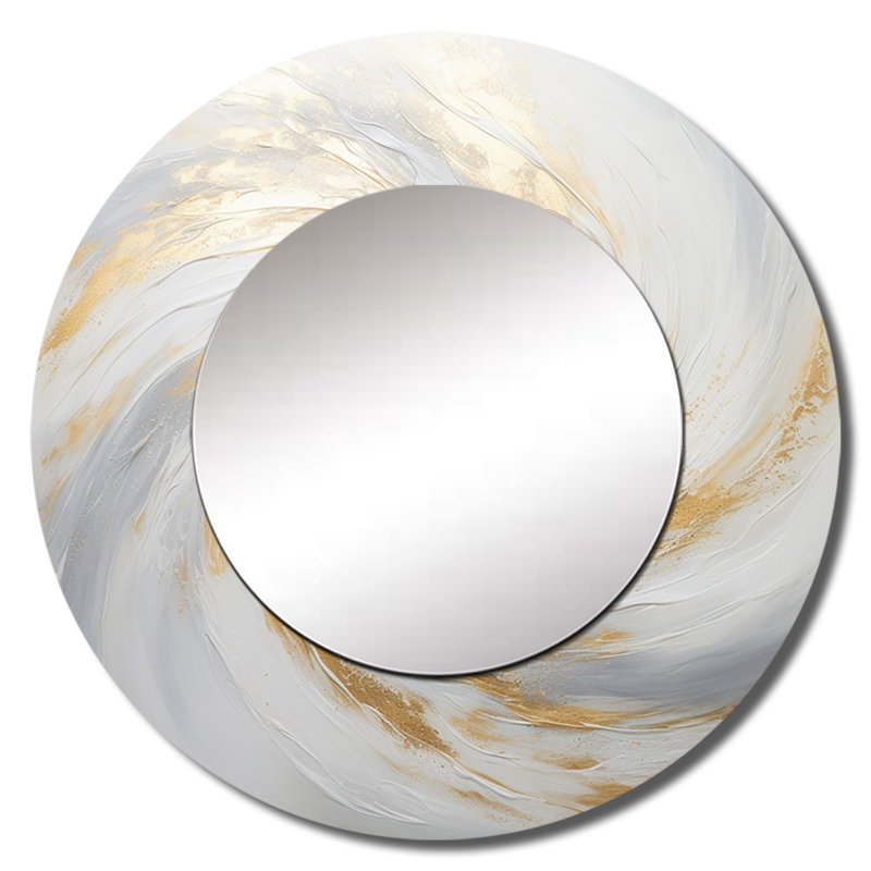 Vortex II doré doux et or - miroir spirales abstraites, miroir mural rond beige unique, impression sur métal, 23 po x 23 po