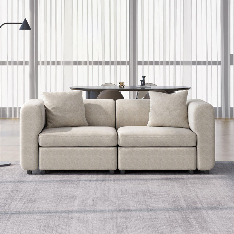 Modern Beige Modular Loveseat with Deep Seat and Soft Cushions