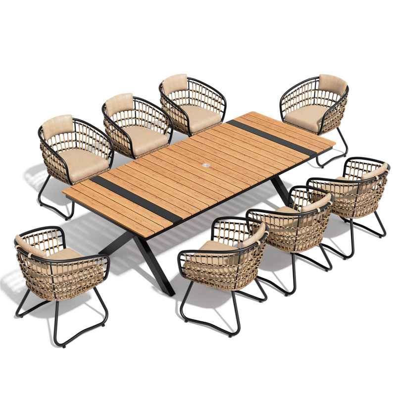 8 - Person Aluminum Outdoor Dining Set with Umbrella Hole and Removable Cushion, Brown/Beige