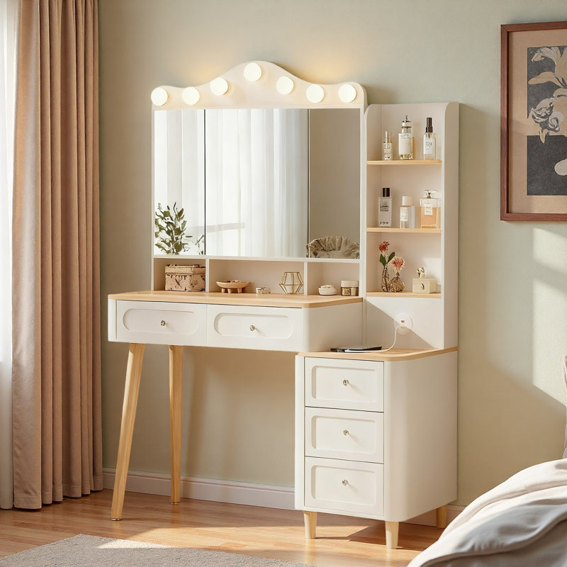 Bureau de meuble-lavabo avec miroir à trois côtés pliable 3 couleurs d'éclairage, 2 barres d'alimentation USB et 5 tiroirs