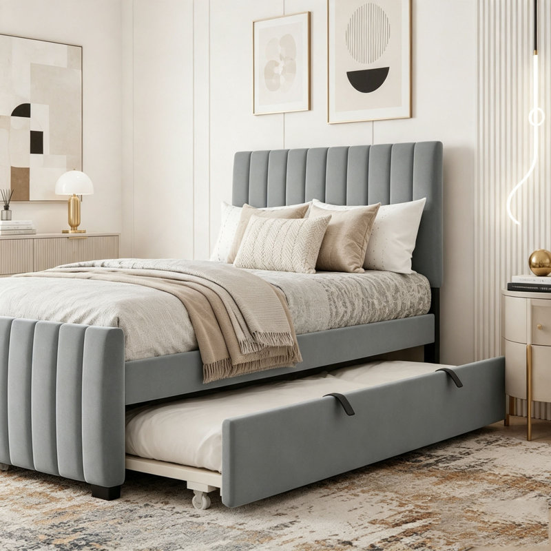 Lit plateforme tapissier en velours avec lit gigogne simple, gris, Complète
