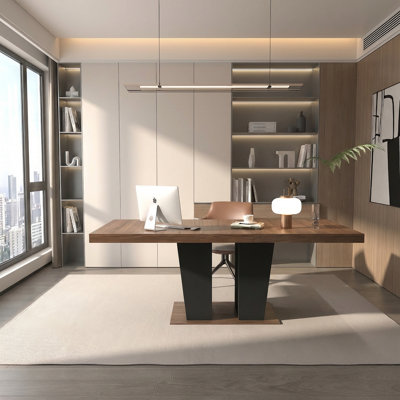 Modern Extendable Wooden Dining Table for 4-10 People with Black Double Pedestal Base, Large Kitchen and Dining Room Table