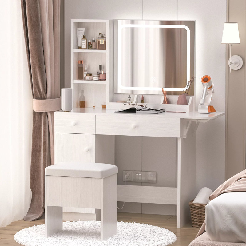 Vanity Desk Set with LED Mirror & Power Outlet