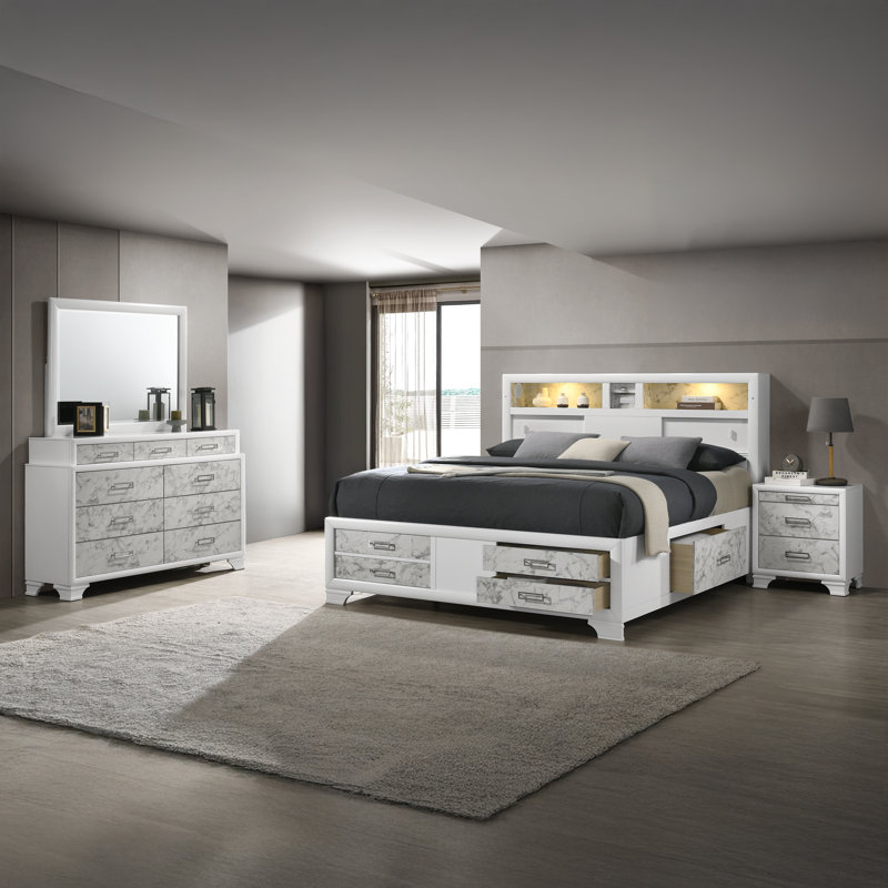 Novarayne 4PC Bedroom Set White, 5 Pcs: Bed, Nightstand, 2 Dressers, Mirror