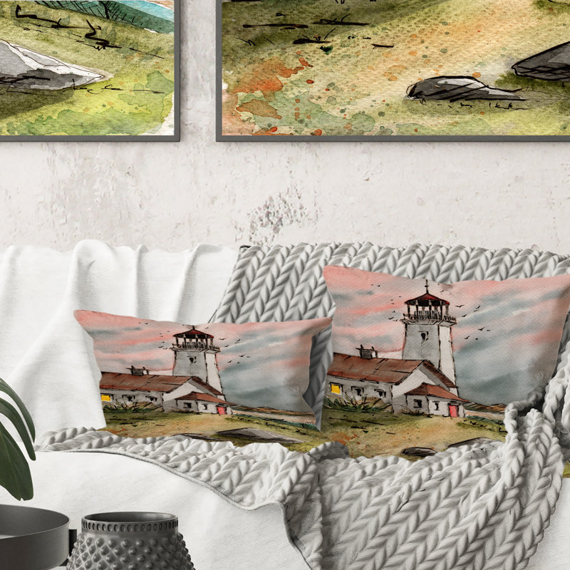 Coussin décoratif à imprimé campagnard L Phare sous un ciel gris rose, 18 po x 18 po