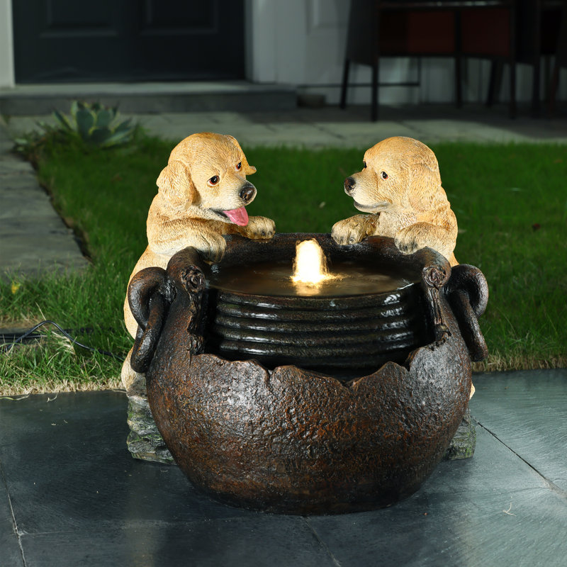 Asma 15.2'' H Puppy Outdoor Water Fountain with LED Light, Resin Dog Garden Waterfall Fountain