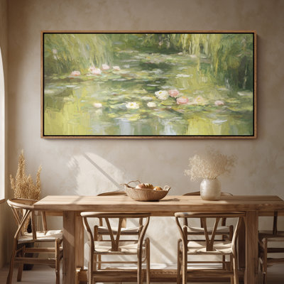 Large Framed Canvas Wall Art - Green Water Lily Pond Landscape Decor - 60"x20", 60"x30"
