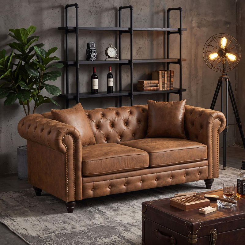 Causeuse de bureau 63,5 po capitonnée à boutons Chesterfield, Tanné, 2 places (causeuse)