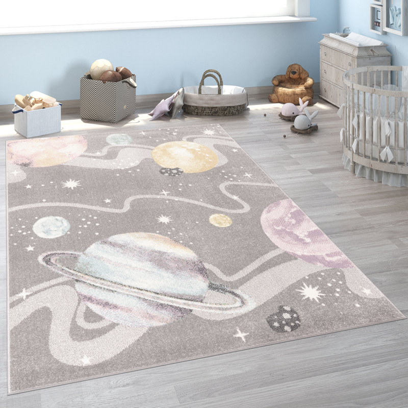 Arielly Kids Rug With Planets And Stars In Pastel Colors, Rectangle 6'7" x 9'2", Gray
