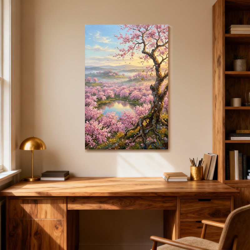 Plantes et fleurs de cerisier en fleurs avec arbre et lac, H 30 po x l 20 po