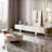 Modern 78.74″ White Gloss Faux Marble TV Stand – Luxury Media Console with Burnt Stone Look, Gold Stainless Steel Legs, 4 Storage Drawers, Simple Assembly