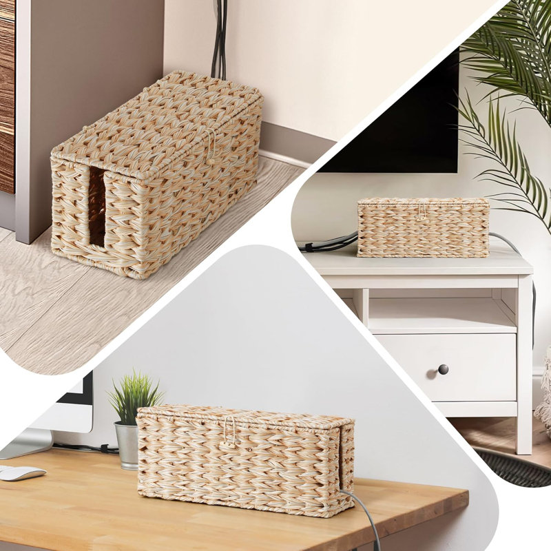 Cable Management Box With Lid, 2 Pack Handwoven Rattan Cord Hider Organizer Boxes, 2 Side Open Slots Storage Box To Hide Cords And Power Strip For Desk, Floor, Office