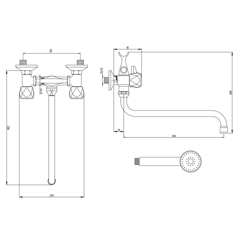 Sternberg 2 Handle Wall Bath Shower Mixer Bath Filler with Diverter