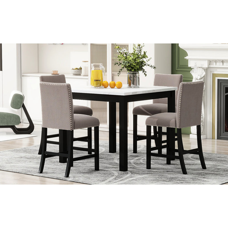 Agrégat de salle à manger brun à 5 comptoirs. Siège de table en faux marbre et fauteuil en velours. , Charmant, facile à assembler