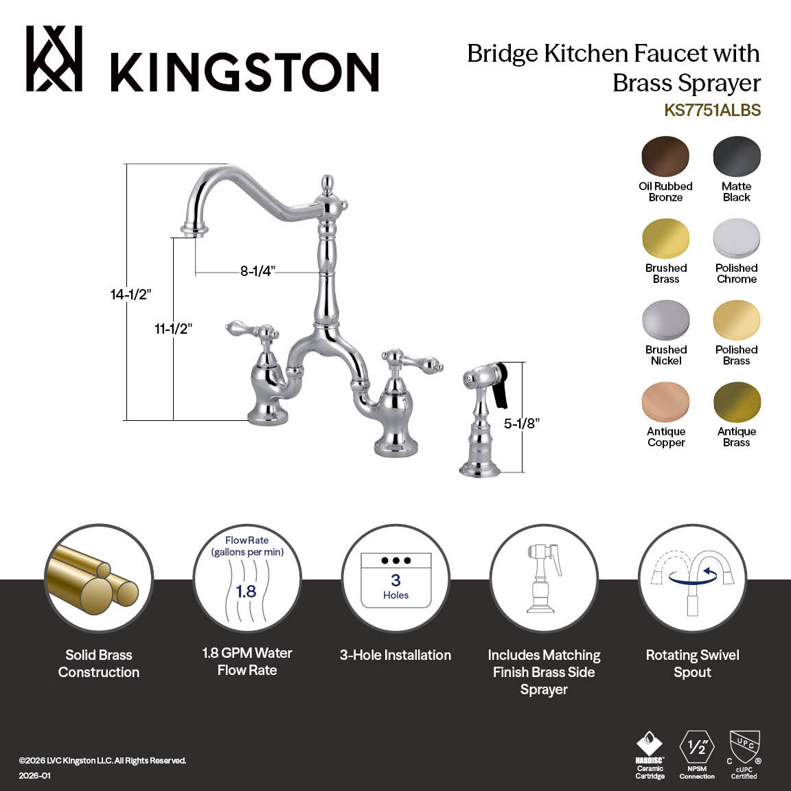Kingston Brass English Country Bridge Faucet, Polished Chrome