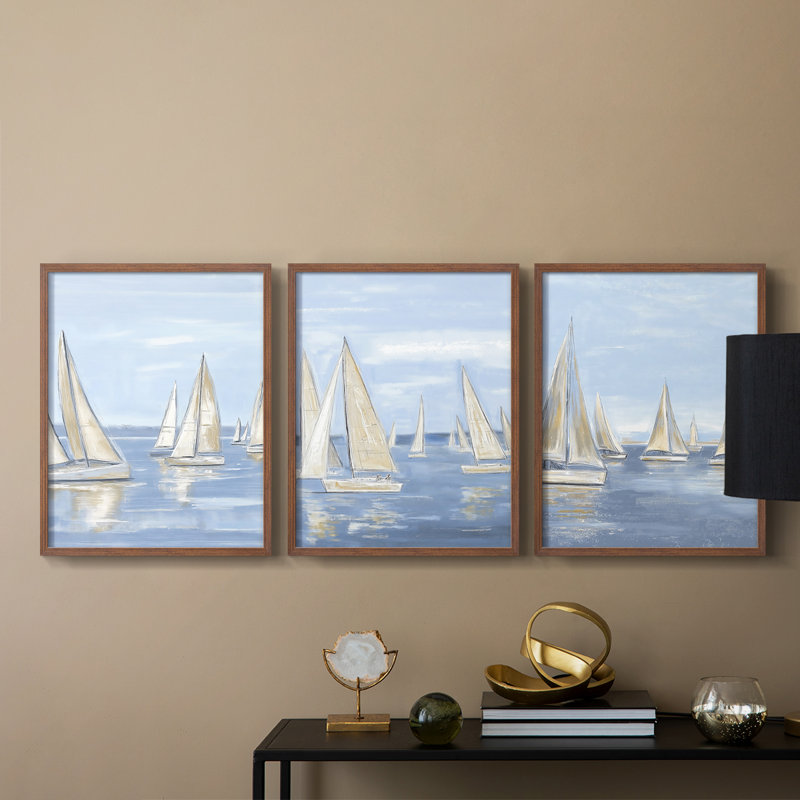 Série Sea and Shore II - Ensemble de 3 estampes numériques - Prêt à accrocher, H 10 po x l 8 po, Noyer