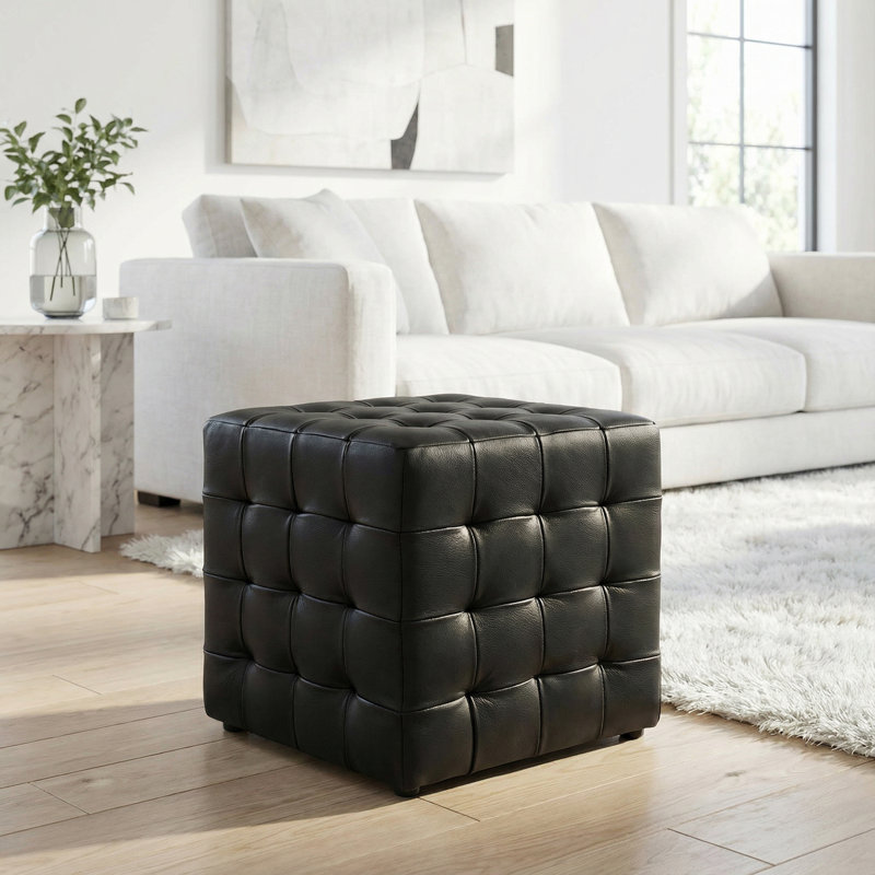 Phabian Tufted Cube Ottoman in 100% Genuine Leather, Black 