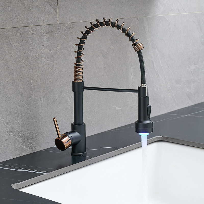 Robinet de cuisine à DEL avec poignée rétractable, poignée simple, finition noire et or rose, design contemporain, remplissage en céramique, bec rotatif à 360 degrés, évier à poignée avec empreintes digitales Corrosion