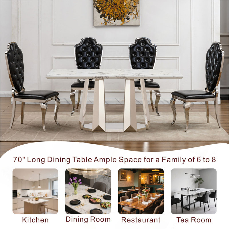 Table de salle à manger en marbre pour 6 personnes, table de salle à manger rectangulaire en faux marbre 70 po avec base en acier inoxydable à finition miroir, table de cuisine moderne en marbre de grande taille (table seulement)