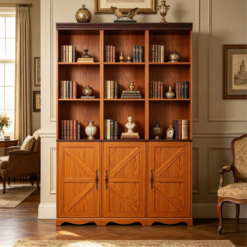Armoire de rangement combinée 3 en 1 Farmhouse, bibliothèque en panneau de fibres à densité moyenne à grain de bois 3D, casiers de présentation ouverts et armoires fermées avec tablette réglable, bibliothèque librement combinable pour le bureau d'étude du salon