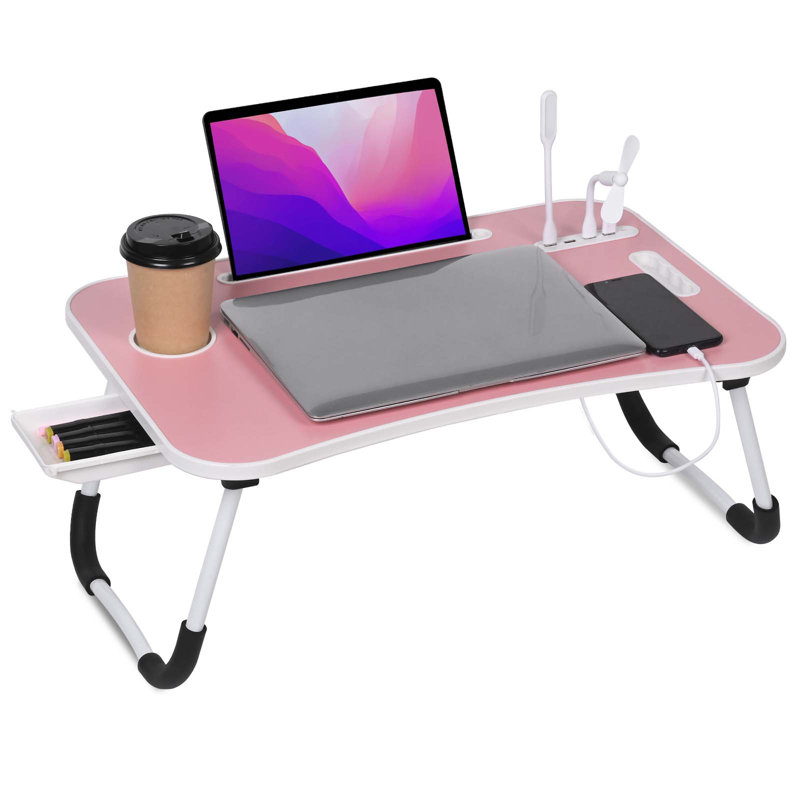 Bureau d'ordinateur portable, table d'ordinateur portable pliable avec port de charge USB, porte-bloc-notes, tiroir de rangement