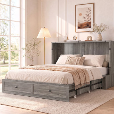 Queen Size Murphy Bed Cabinet with USB Charging & Drawer, Grey