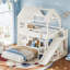 Lit superposé simple au dessus d'un lit double en bois massif avec tablettes, garde-robe et glissade-362480395-364566858