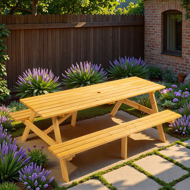 Table de pique-nique en bois pour 8 personnes avec trou pour parasol et structure triangulaire stable, Jaune