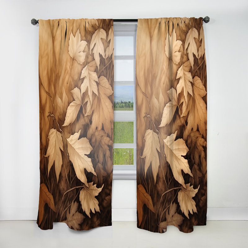 Brown Beige Leafs Harmony III - Traditional Curtain - Velvet Room Darkening - 1 Panel, 52" W x 120" L