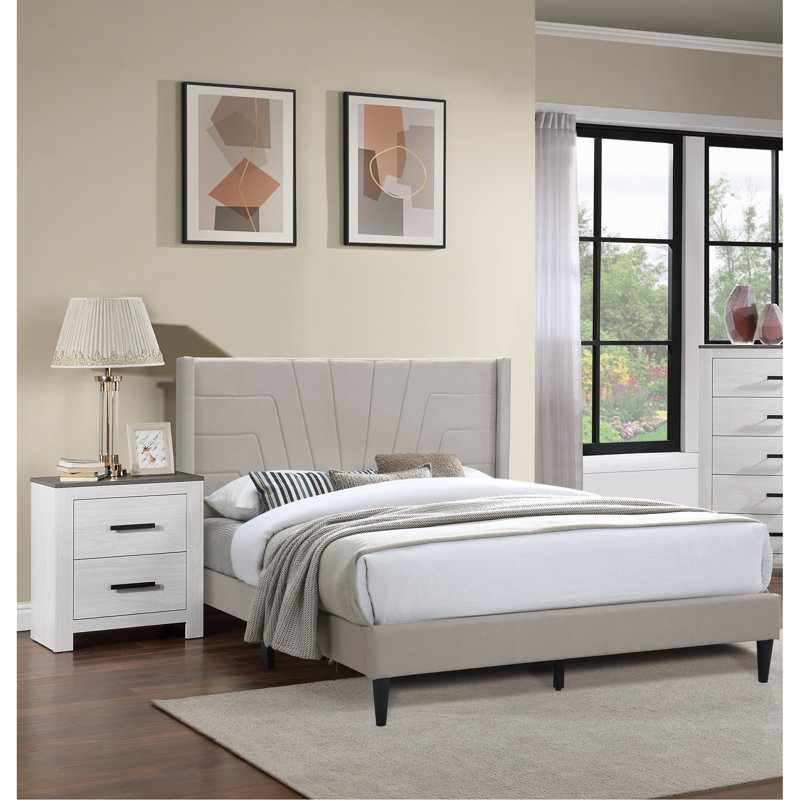 Lit plateforme contemporain, grand lit avec tête de lit brune, tapissier, Marron clair