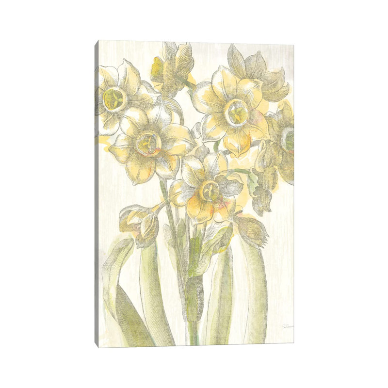 «Belle Fleur Jaune IV» par Sue Schlabach - reproduction imprimée, Aucun mat, H 48 po x l 32 po x P 1,5 po, Toile tendue