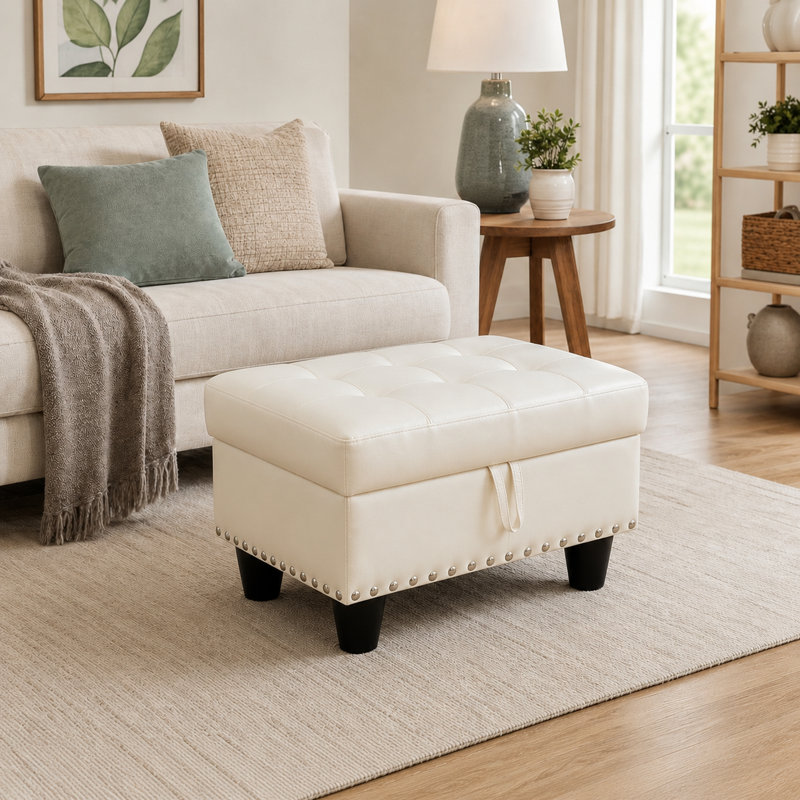 Repose-pieds de rangement en similicuir blanc avec dessus capitonné et garniture cloutée, White