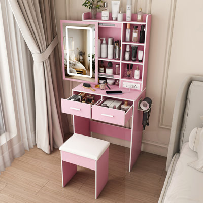 Bureau de meuble-lavabo ajustable avec lumières DEL et miroir avec prise de courant, rangement caché et tabouret