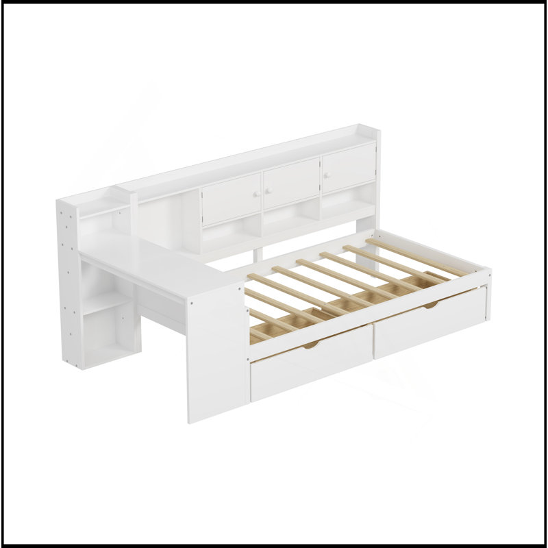 Wooden L-Shape Daybed With Seven Storage Cabinets And Two Storage Drawers, Multi-Functional Bed With Study Desk And Built-In Bookshelf