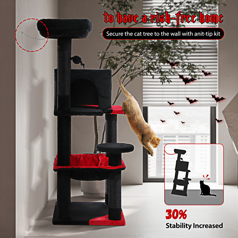 Gothic Black and Red Sisal Cat Tree with Hammock